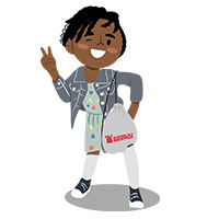 girl with blessings bag showing peace sign