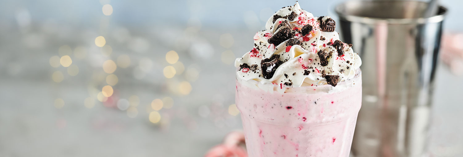 candy cane and oreo milkshake with refill tin