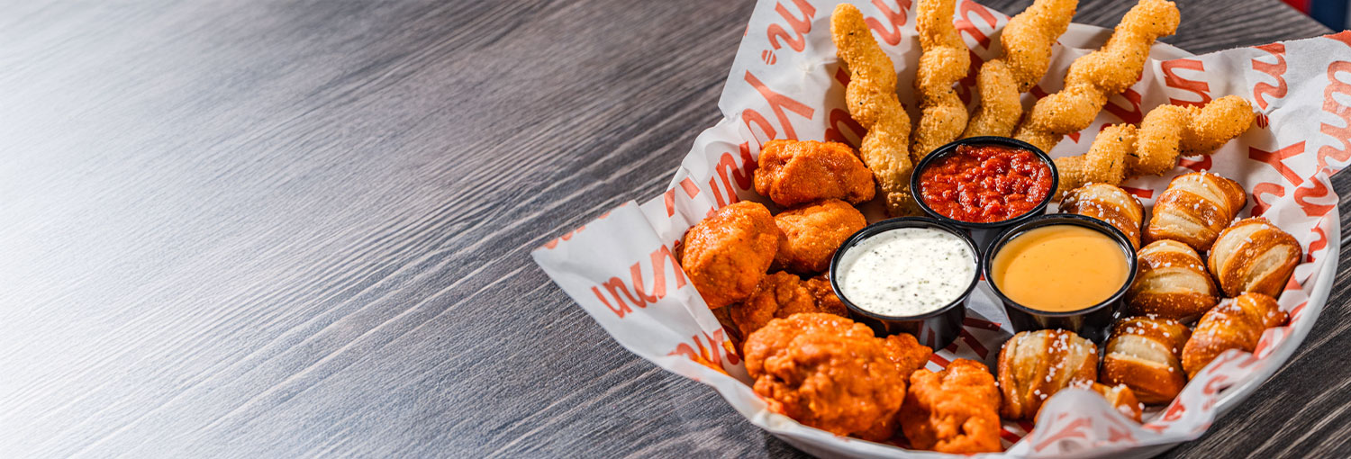 boneless buffalo wings mozzarella twists pretzels bites with assorted sauces