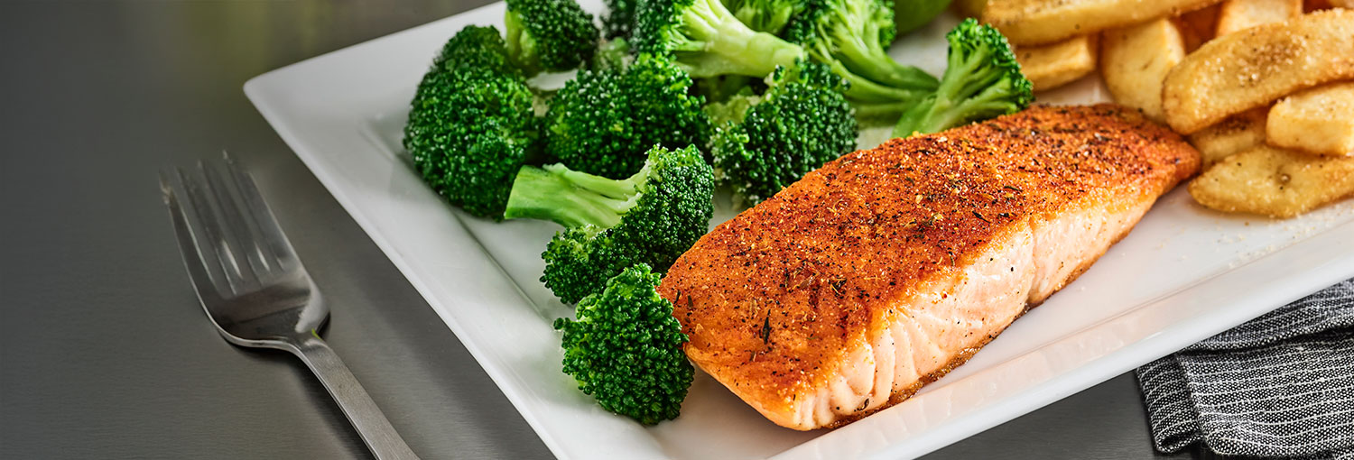 Blackened Salmon with Steamed Broccoli and Steak Fries