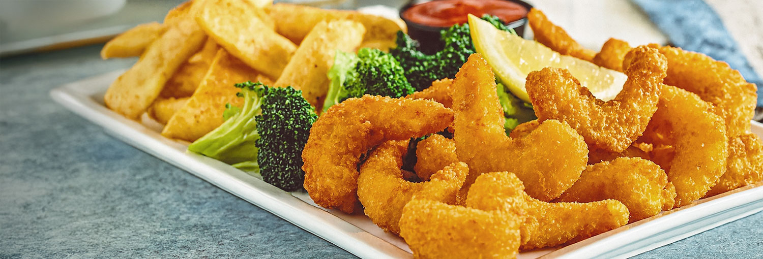 Crispy Shrimp with Steamed Broccoli and Steak Fries