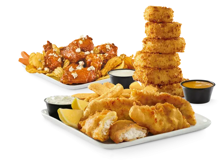 Arctic Cod Fish & Chips, Bone-in Buzz-Style Wings, O-ring Shorty